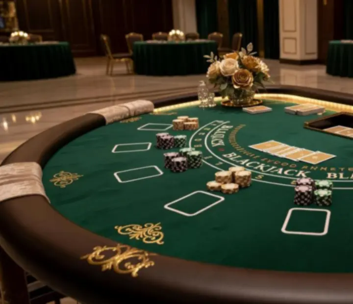 Aranżacja stołu do blackjacka z dekoracjami i oświetleniem