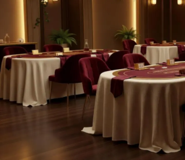 Elegancka dekoracja sali eventowej z oświetleniem i stołami pokerowymi