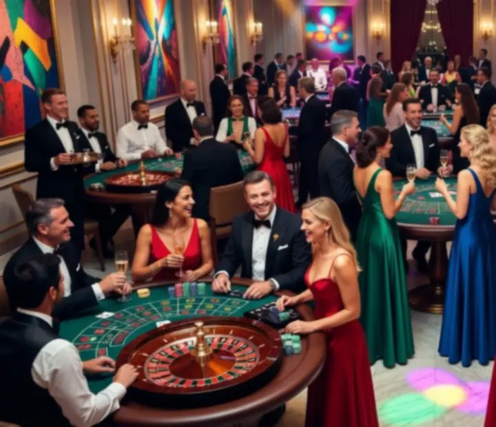 Przegląd zdjęć z eleganckich eventów ze stołami pokerowymi, ruletką i blackjackiem