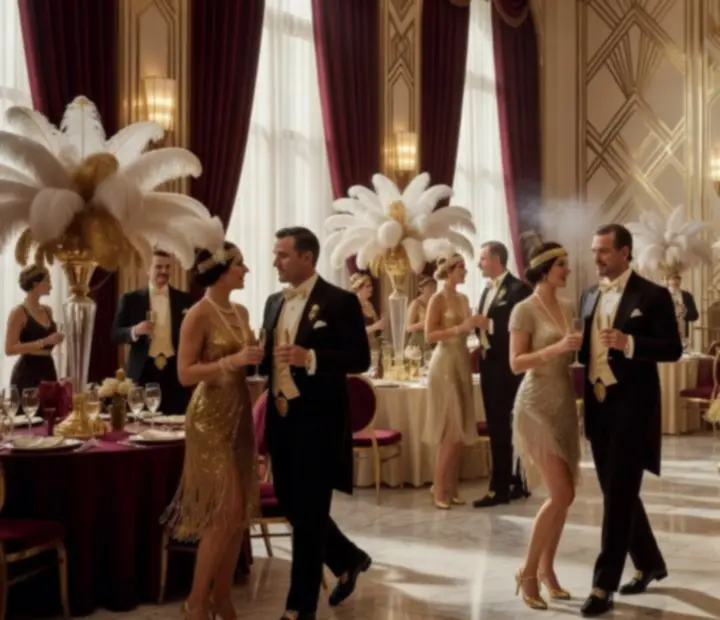Złote dekoracje i elegancka scenografia w klimacie Great Gatsby