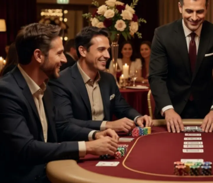 Stół pokerowy z kartami i żetonami podczas firmowego eventu