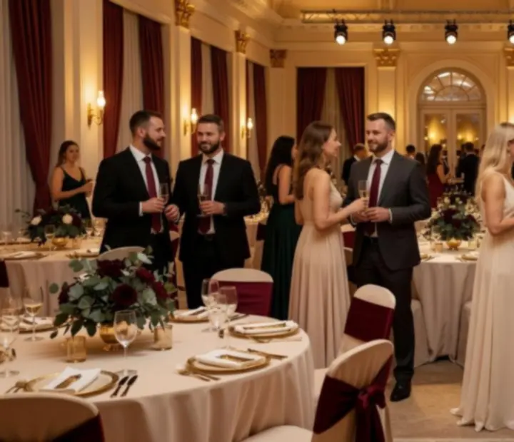 Elegancka sala przygotowana na wieczór tematyczny z oświetleniem i stołami eventowymi