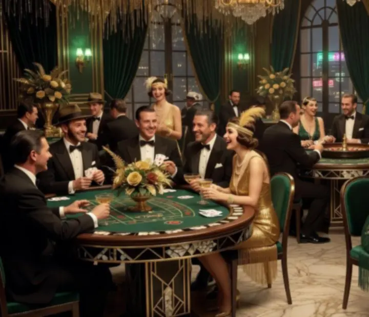 Tematyczny wieczór w stylu Great Gatsby z eleganckimi dekoracjami i stołami do gry